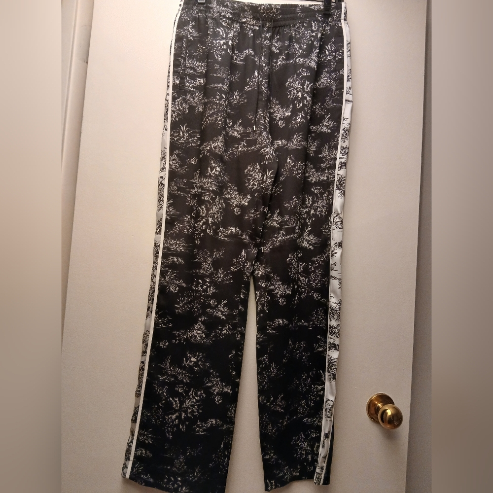 Judith&Charles Black Floral Print " Track" Pants with White Side Stripes.Size 8